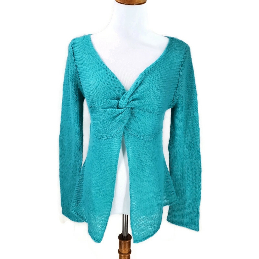 Wooden Ships Teal Lightweight Knit Knotted Front Belly Festival Mohair Sweater